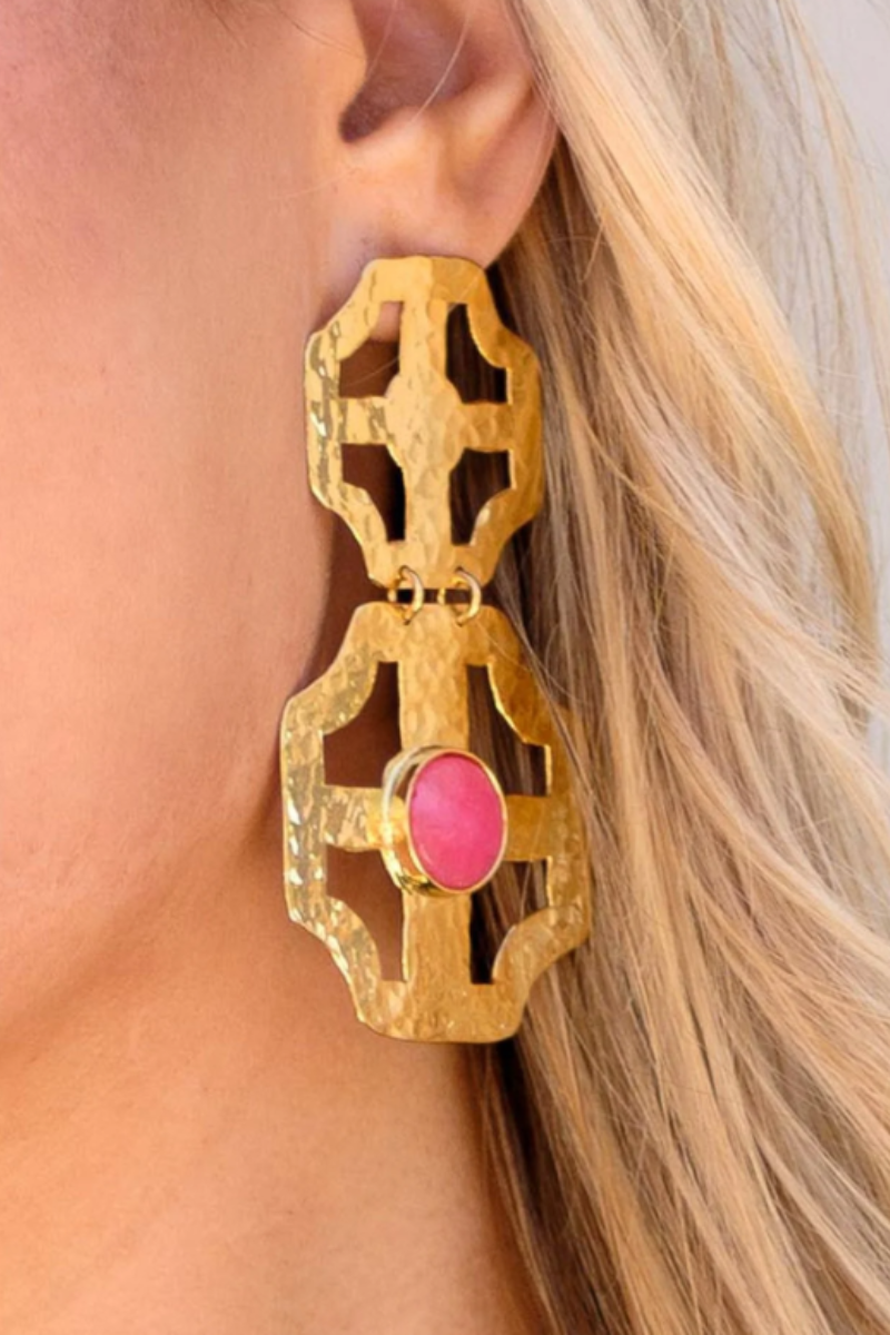 Stacey Hammered Gold Earrings in Pink