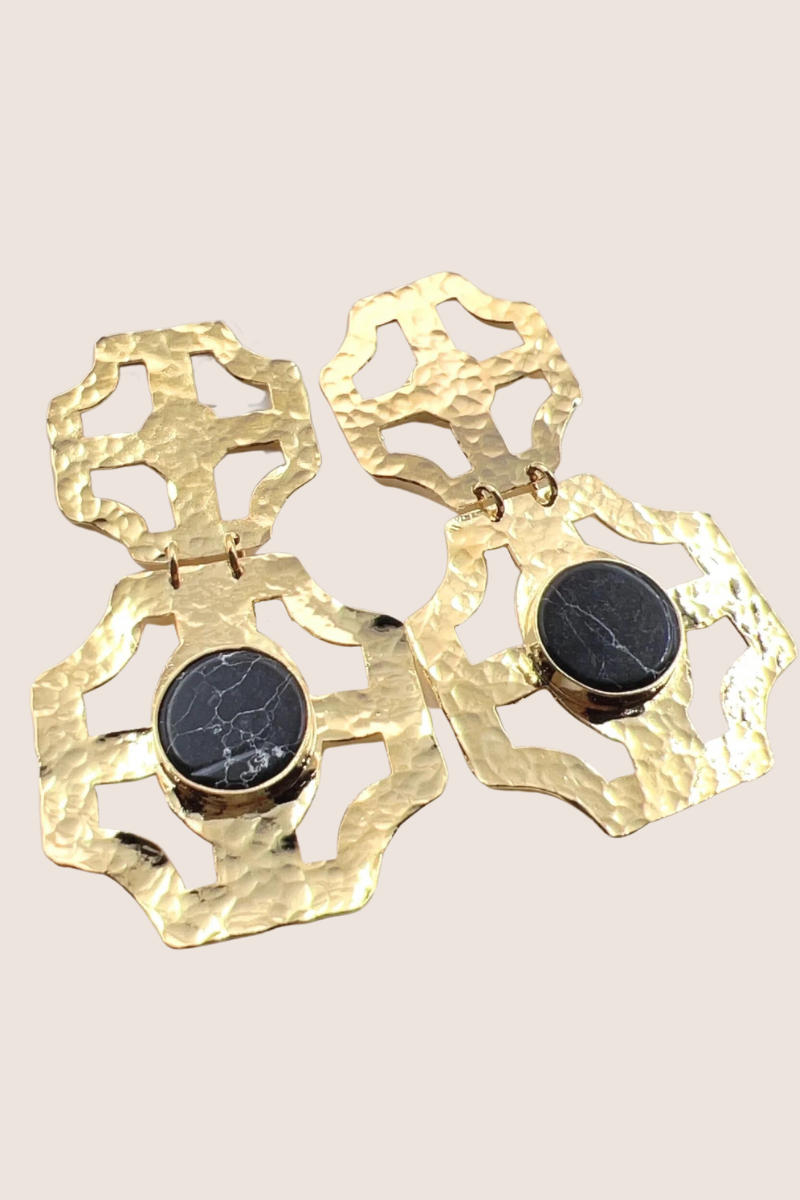 Stacey Hammered Black Marble Earrings in Gold