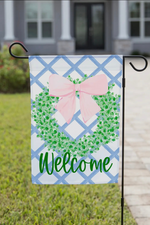 Pink Bow Greenery Wreath - Garden Flag