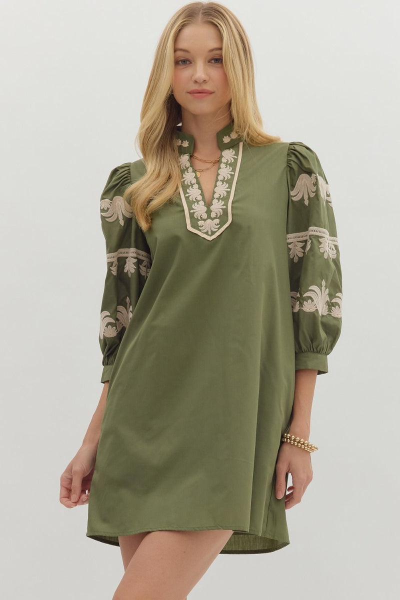 The Kate Embroidered Dress in Olive