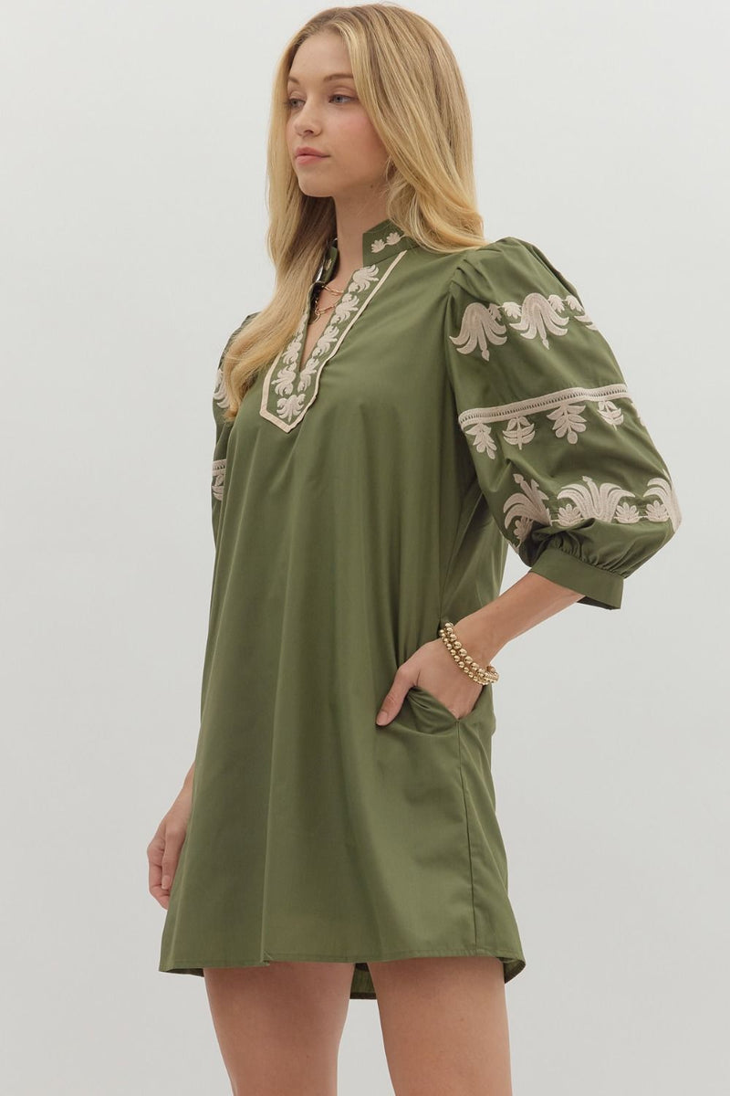 The Kate Embroidered Dress in Olive