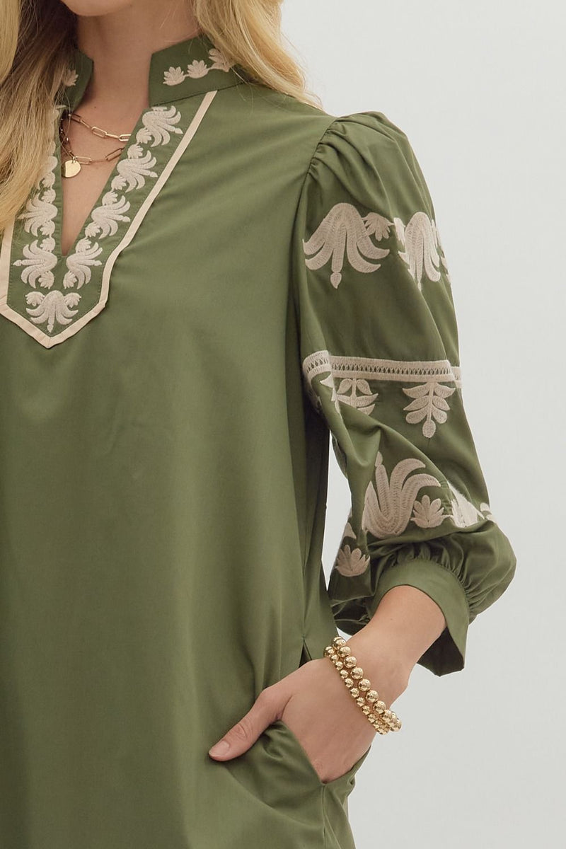 The Kate Embroidered Dress in Olive