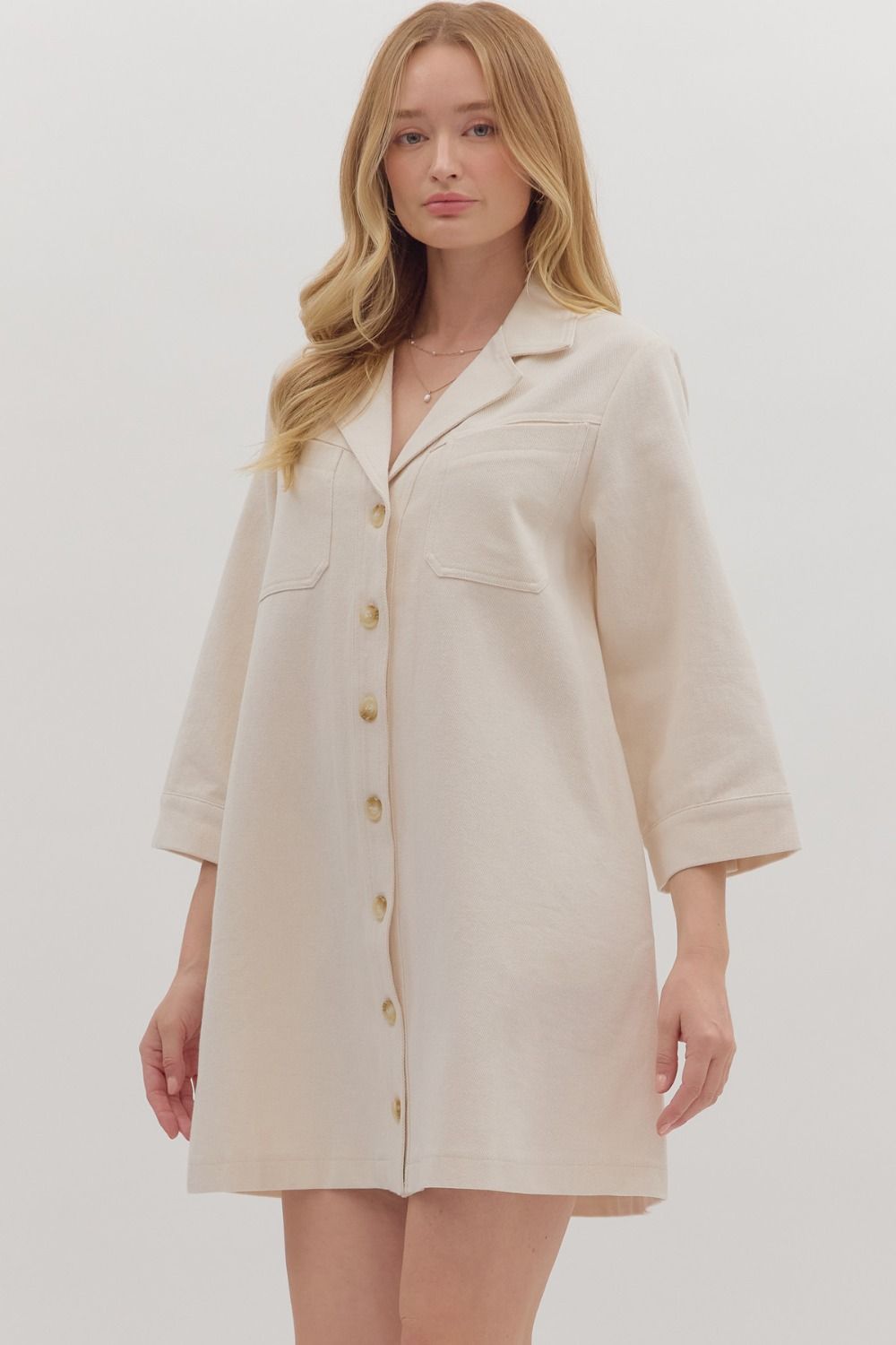 The Mila Button-Front Denim Dress in Ecru