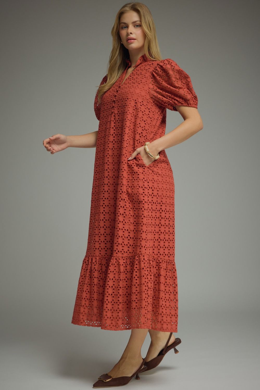 Rust eyelet maxi dress front view