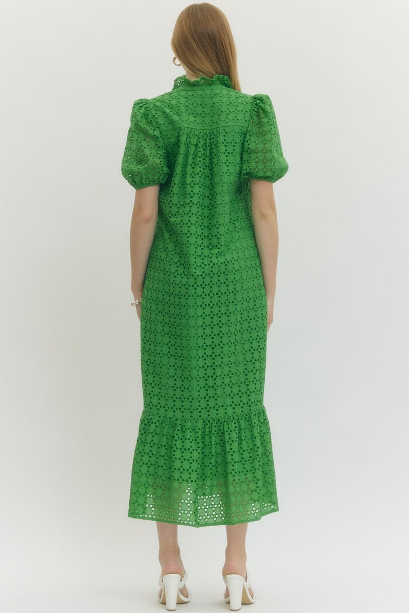 green eyelet midi dress ASOS DESIGN eyelet puff sleeve midi tea dress with shirred waist in sage  green