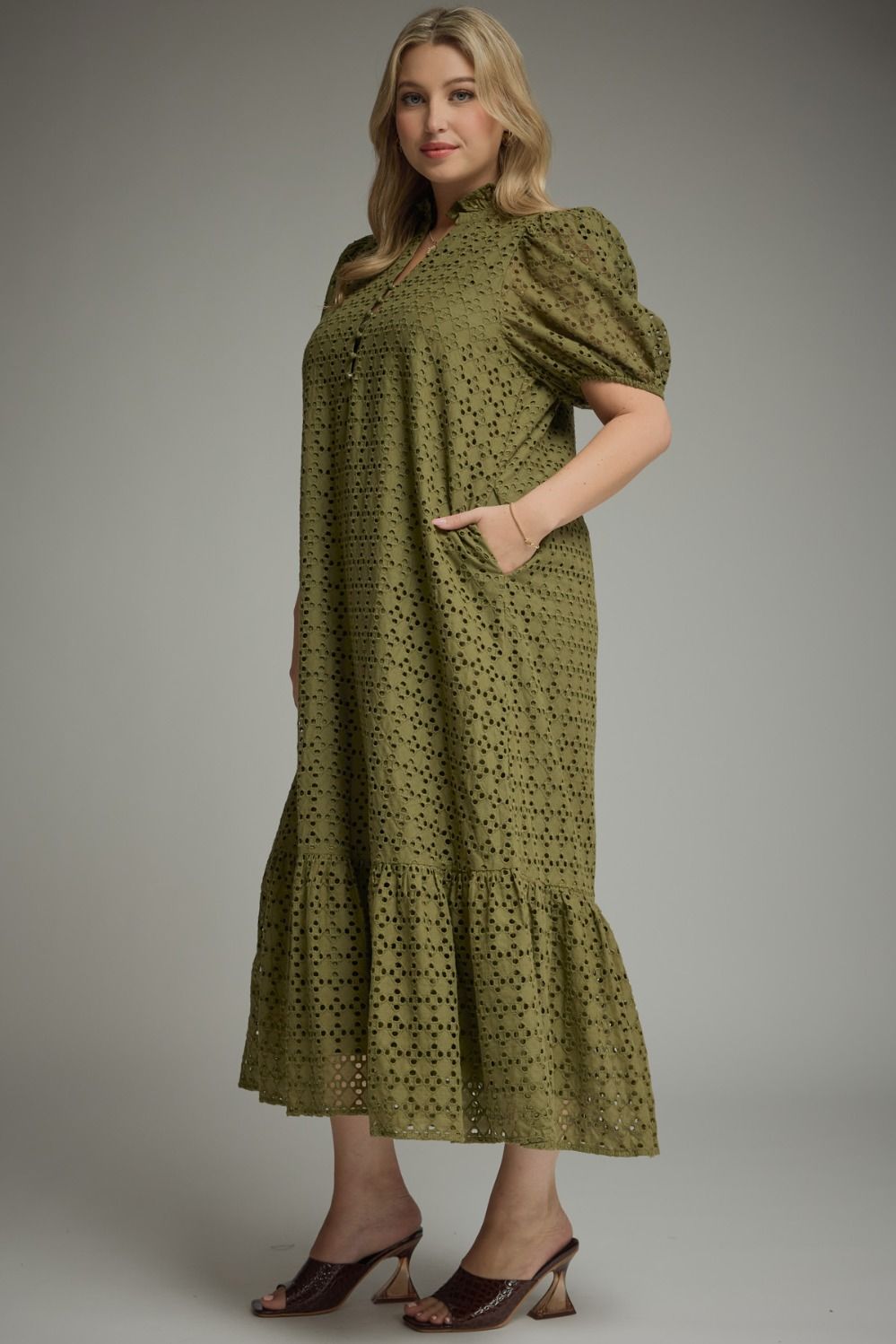 Olive eyelet maxi dress front view