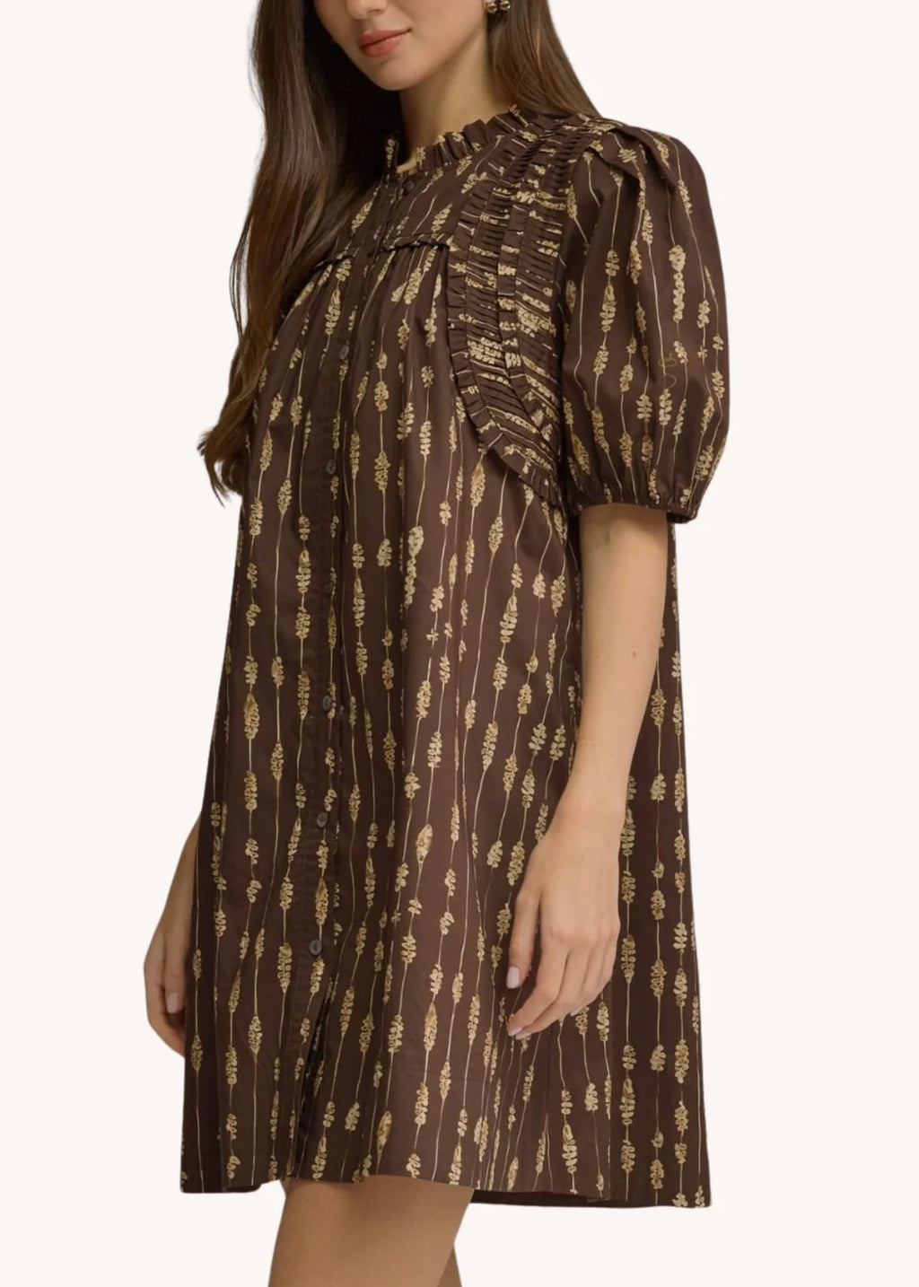 Brown botanical print button front mini dress front view