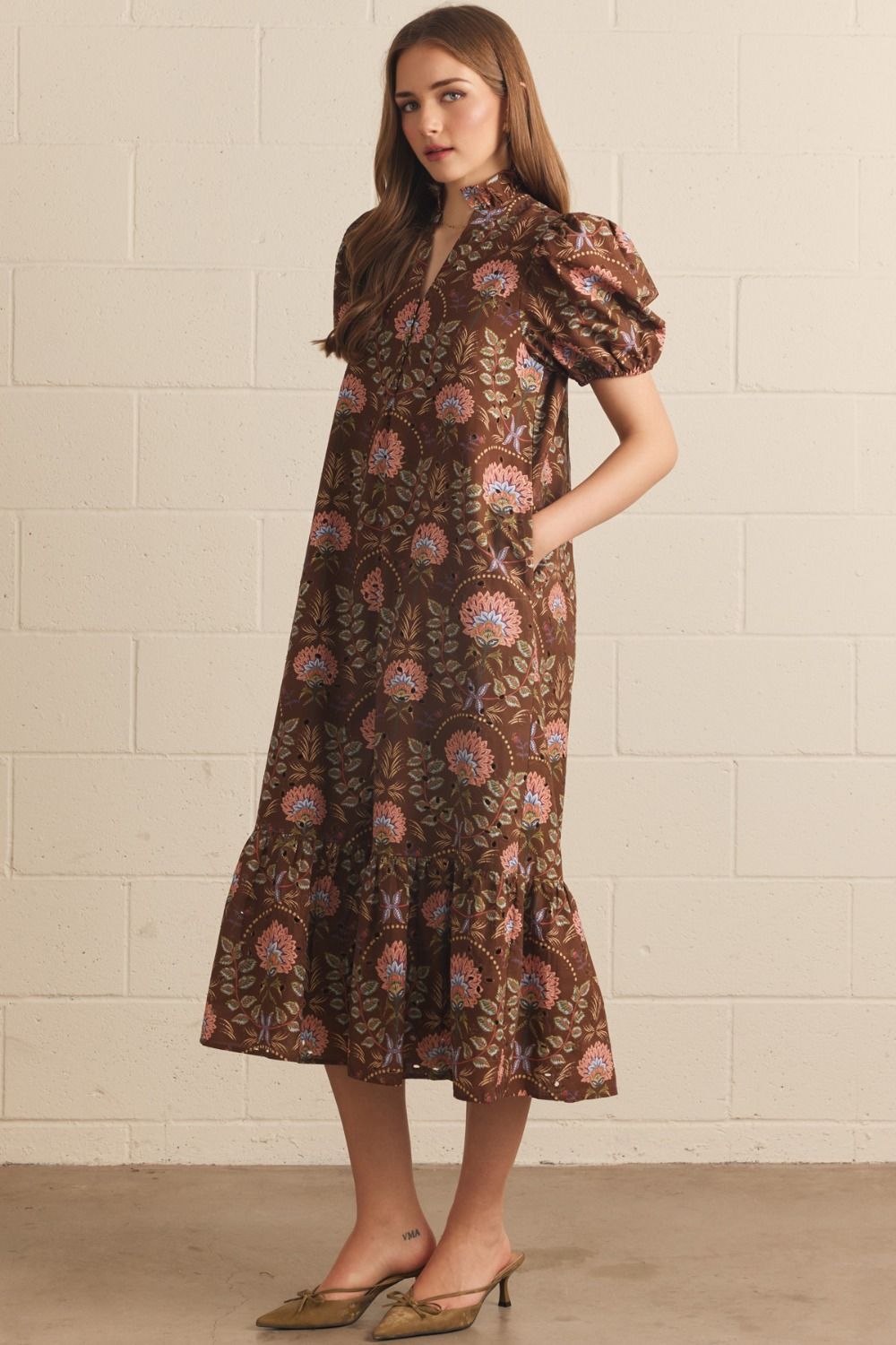 Brown floral eyelet midi dress front view