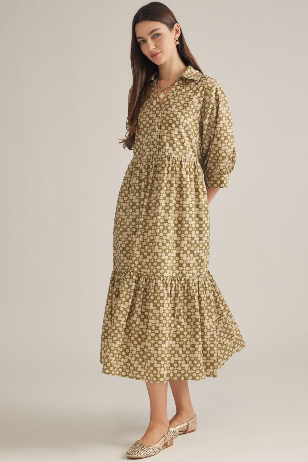 Olive geometric print midi dress front view