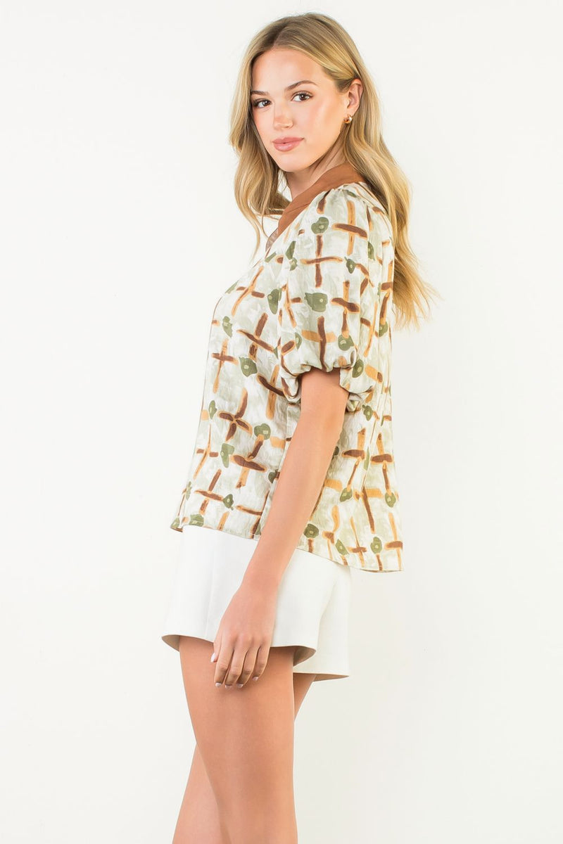 Say Less Contrast Collar Puff Sleeve Top