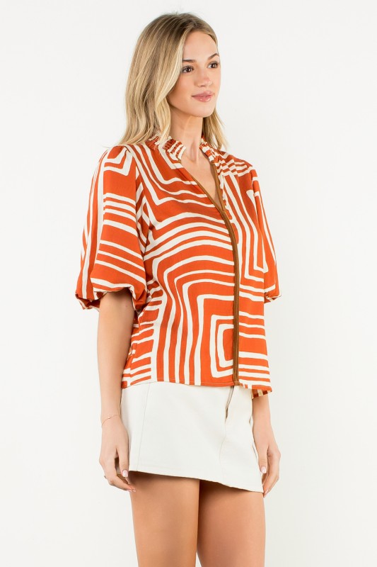 All The Best Abstract Print Puff Sleeve Top