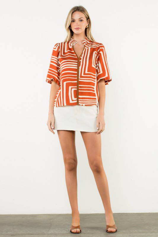 All The Best Abstract Print Puff Sleeve Top