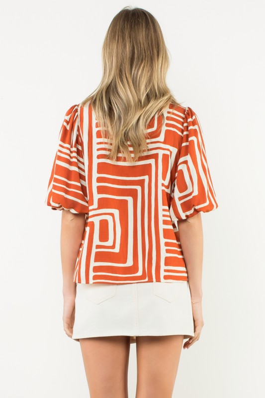 All The Best Abstract Print Puff Sleeve Top