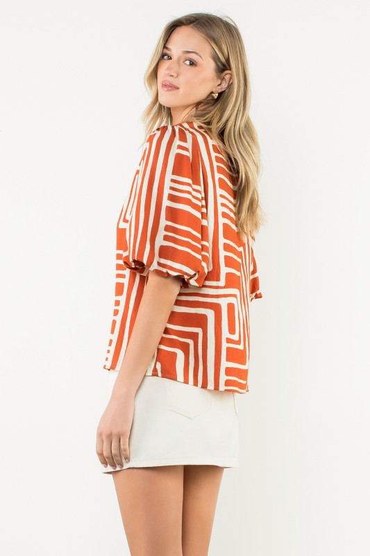 All The Best Abstract Print Puff Sleeve Top