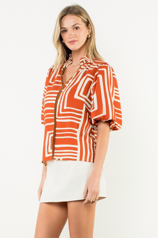 All The Best Abstract Print Puff Sleeve Top
