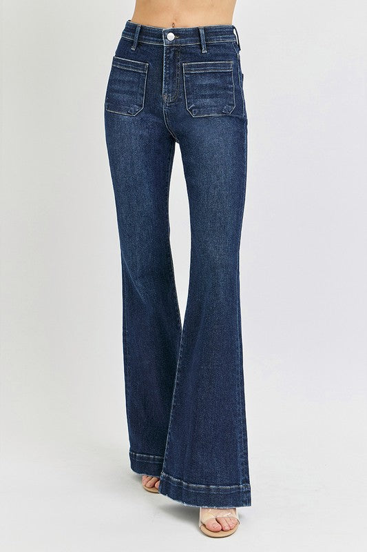 Watch Me Go Risen High Rise Flare Front Patch Pocket Jeans