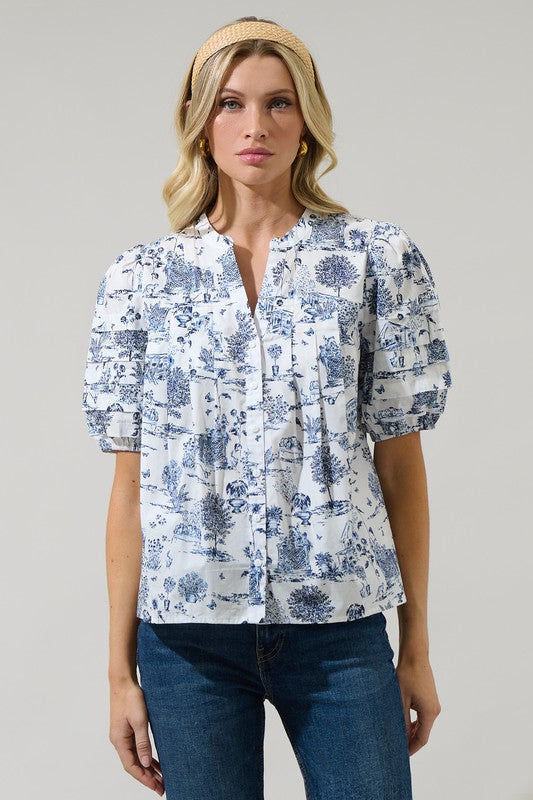 Blue Toile Print Button Down Top