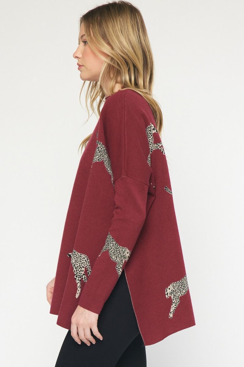 Leaping Leopards Sweater in Burgundy