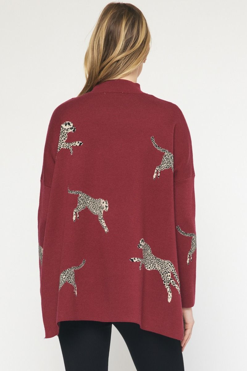 Leaping Leopards Sweater in Burgundy