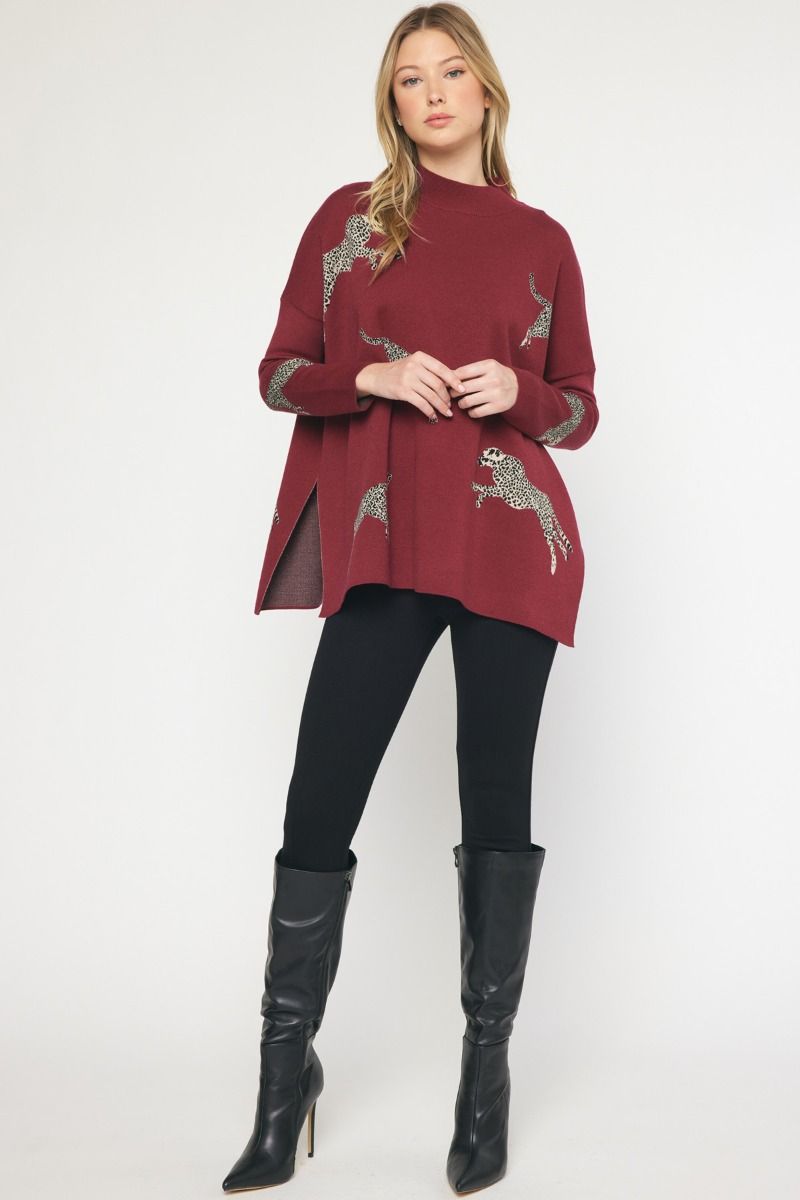 Leaping Leopards Sweater in Burgundy