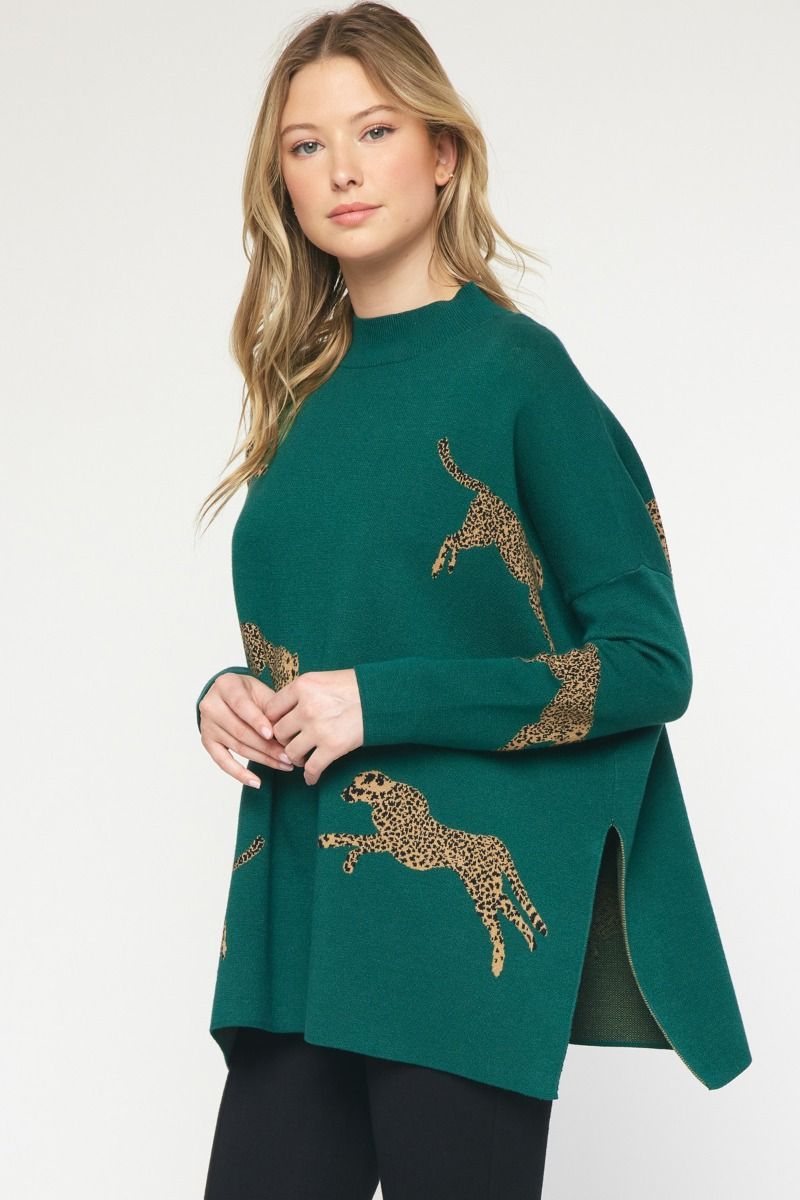 Leaping Leopards Sweater in Hunter Green