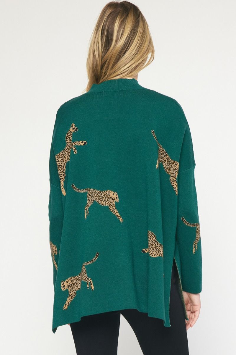 Leaping Leopards Sweater in Hunter Green