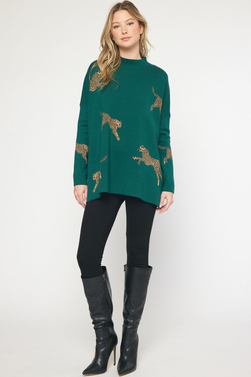 Leaping Leopards Sweater in Hunter Green