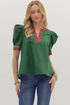 The Noel Plaid Trim Top in Green