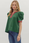 The Noel Plaid Trim Top in Green