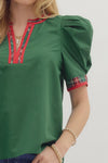 The Noel Plaid Trim Top in Green