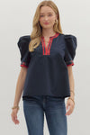 The Noel Plaid Trim Top in Navy