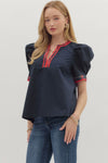 The Noel Plaid Trim Top in Navy