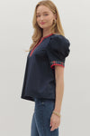 The Noel Plaid Trim Top in Navy