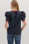 The Noel Plaid Trim Top in Navy