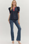The Noel Plaid Trim Top in Navy