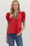 The Noel Plaid Trim Top in Red