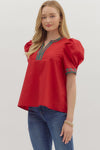 The Noel Plaid Trim Top in Red