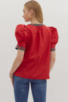 The Noel Plaid Trim Top in Red