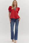 The Noel Plaid Trim Top in Red