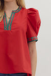 The Noel Plaid Trim Top in Red