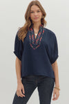 The Holly Plaid Trim Top in Navy