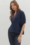 The Holly Plaid Trim Top in Navy