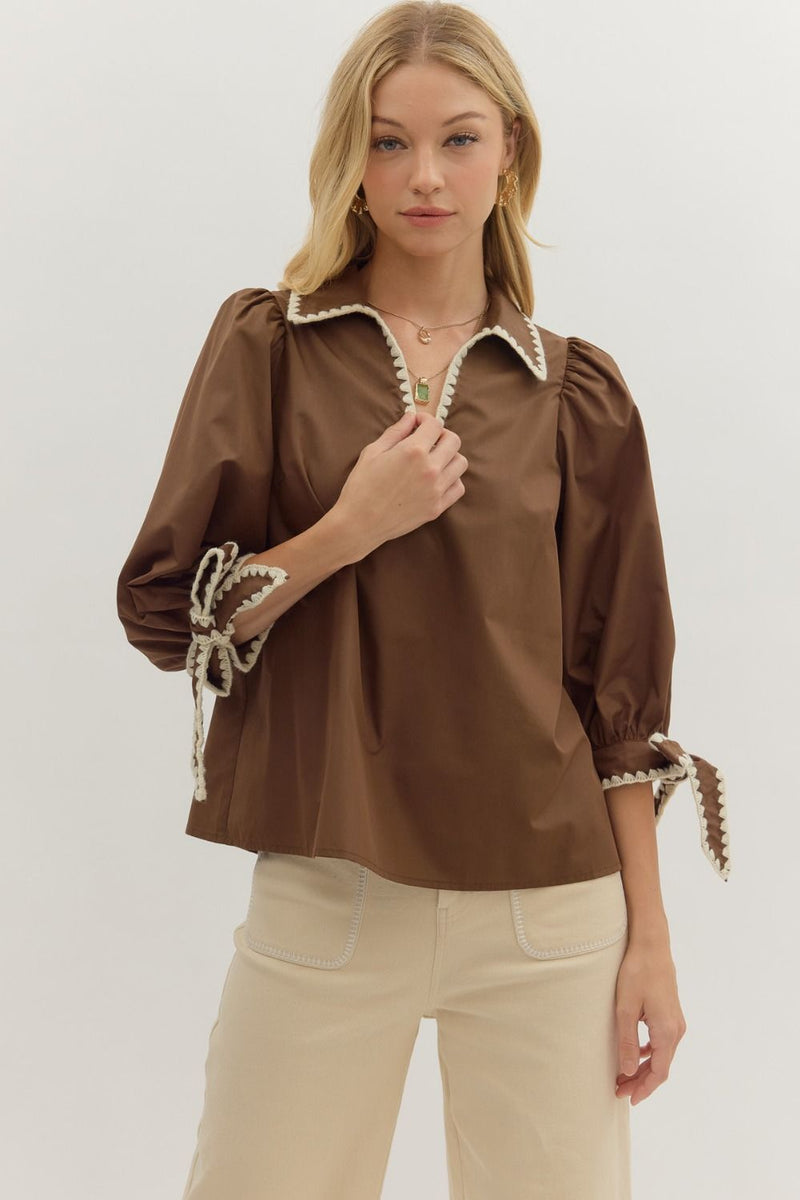 A Good Sign Stitch Top in Brown