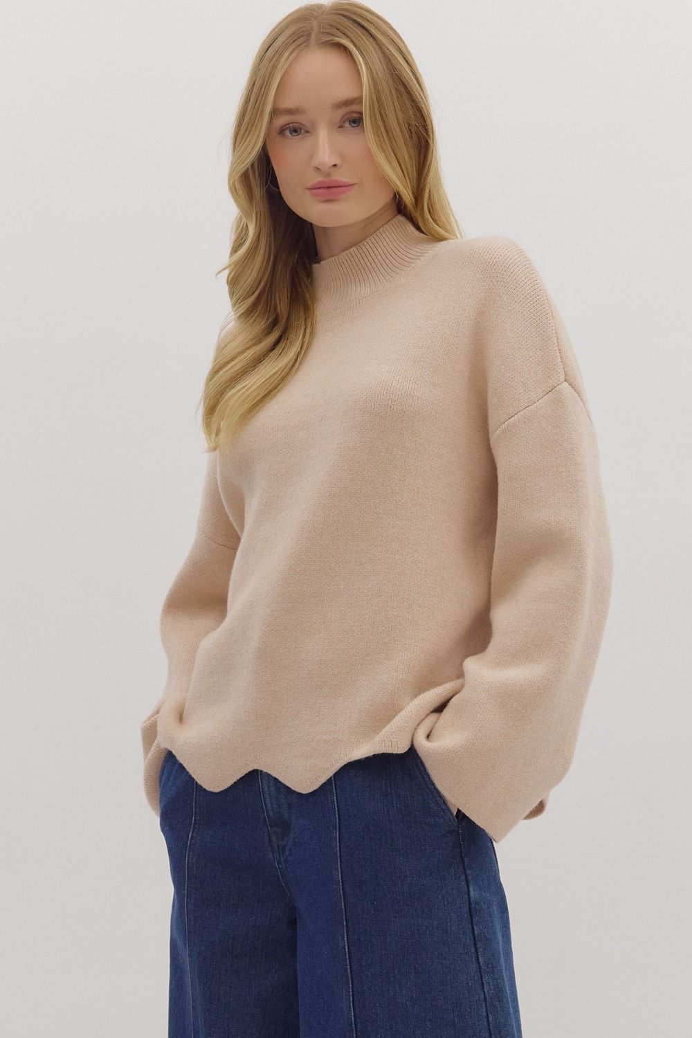 Let’s Be Honest Scallop Hem Sweater in Oatmeal