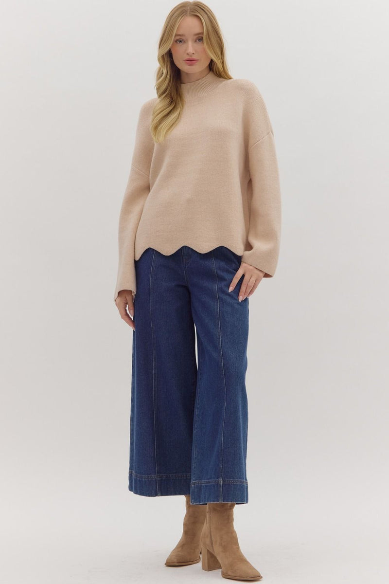 Let’s Be Honest Scallop Hem Sweater in Oatmeal