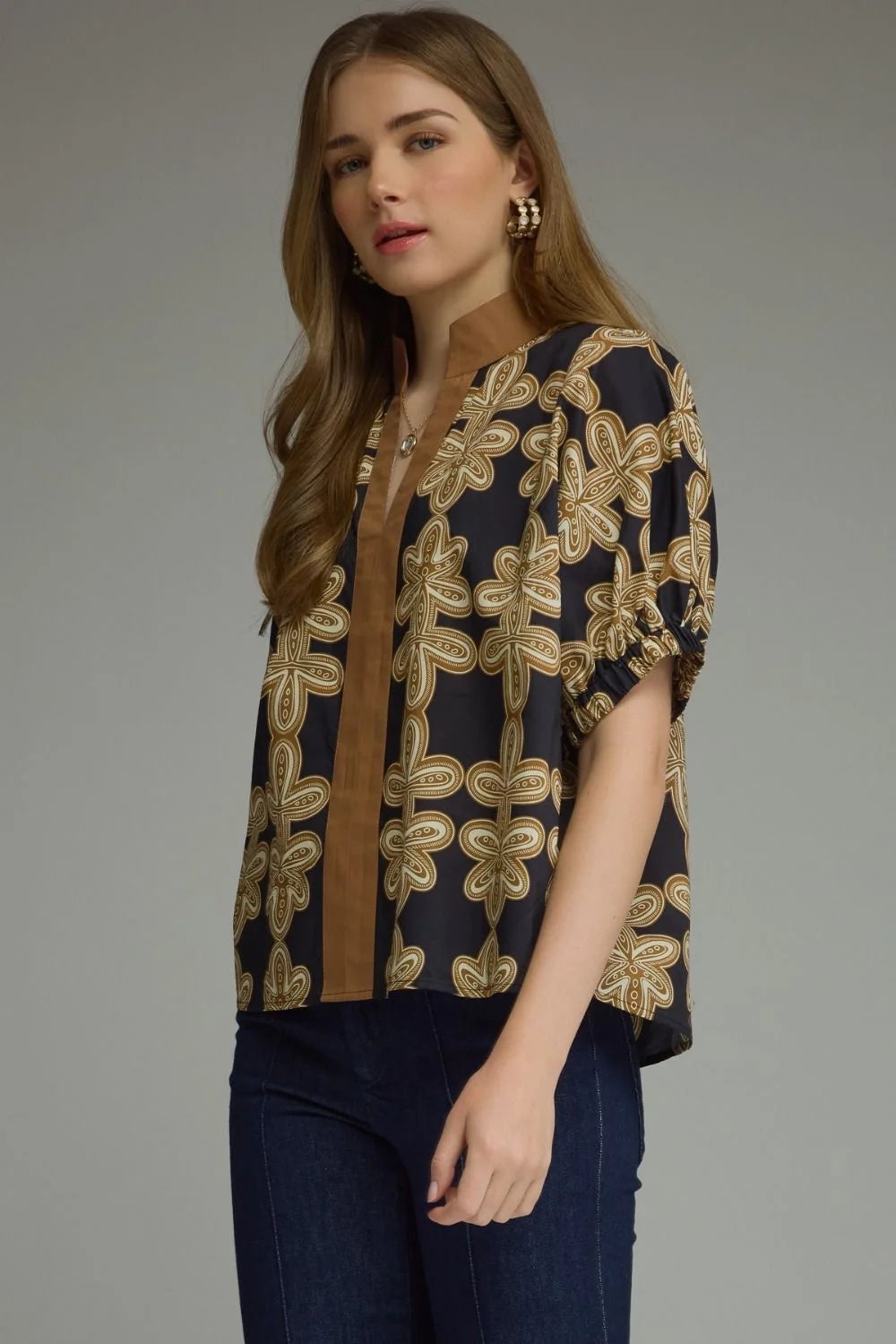 Black and camel printed top front view