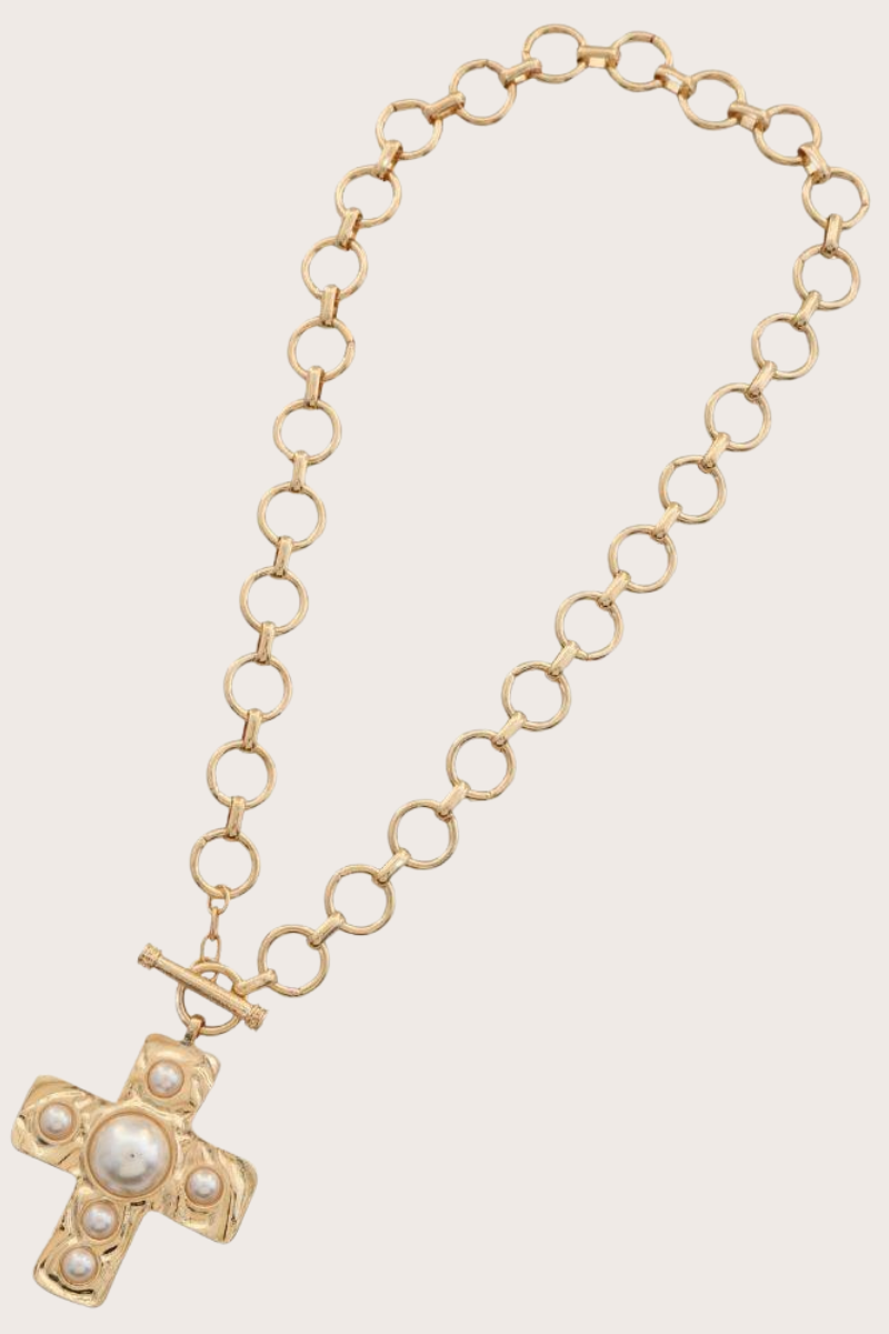 Pearl Cross Toggle Clasp Necklace