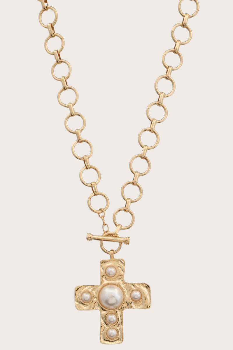 Pearl Cross Toggle Clasp Necklace