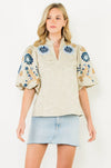 London Embroidered Puff Sleeve Textured Top