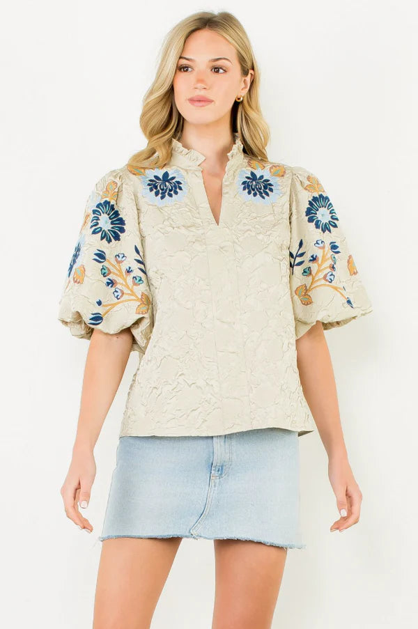 London Embroidered Puff Sleeve Textured Top